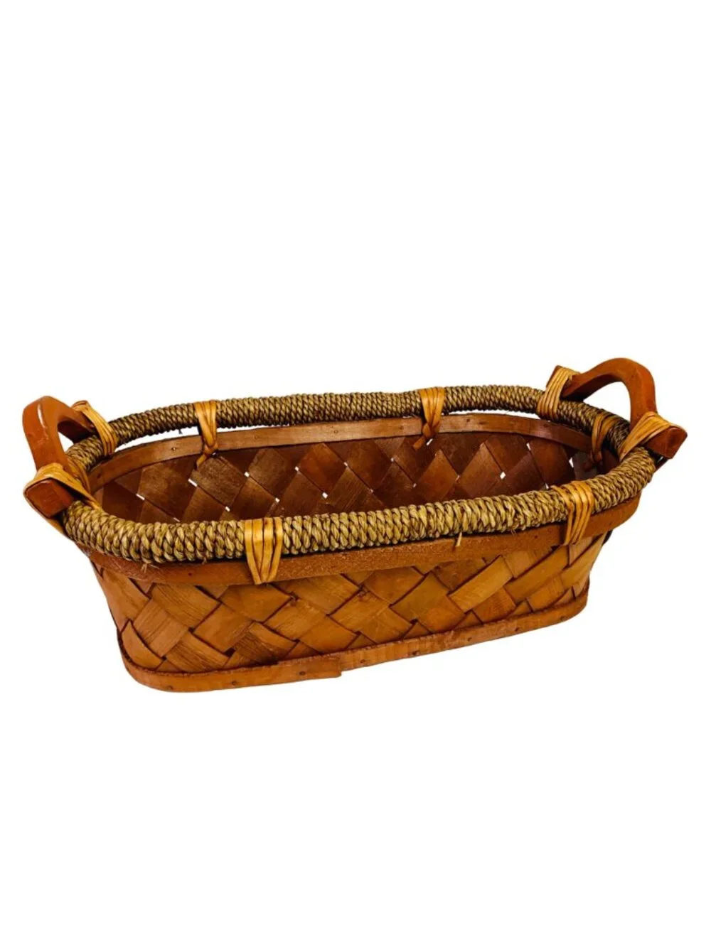 Woven Rustic Decorative Basket Wood Chip Style Oblong Farmhouse VTG Honey Brown
